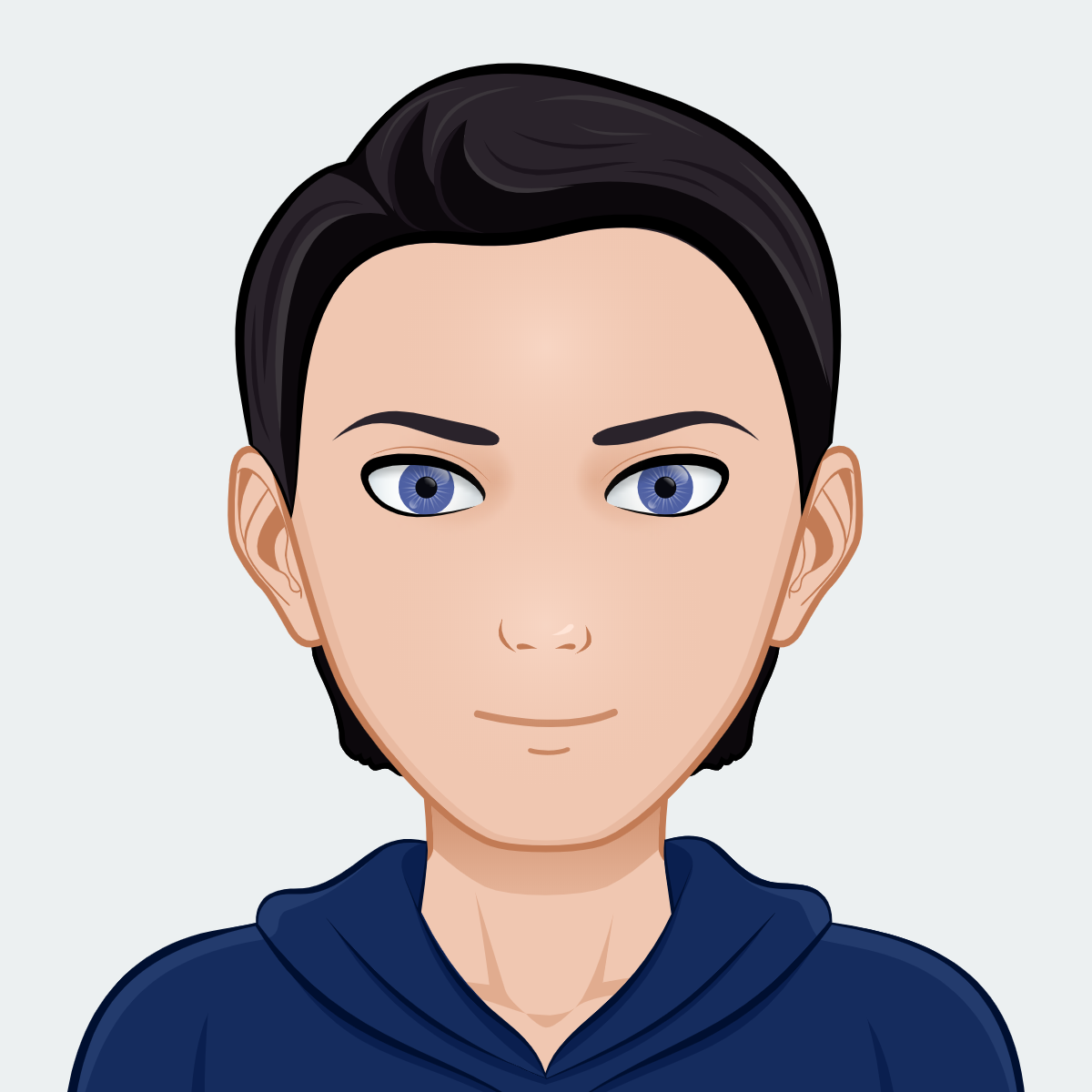 Cartoon-Avatar eines Mannes mit schwarzem Haar und blauen Augen. Erstellt mit www.cartoonize.net/avatar-maker/