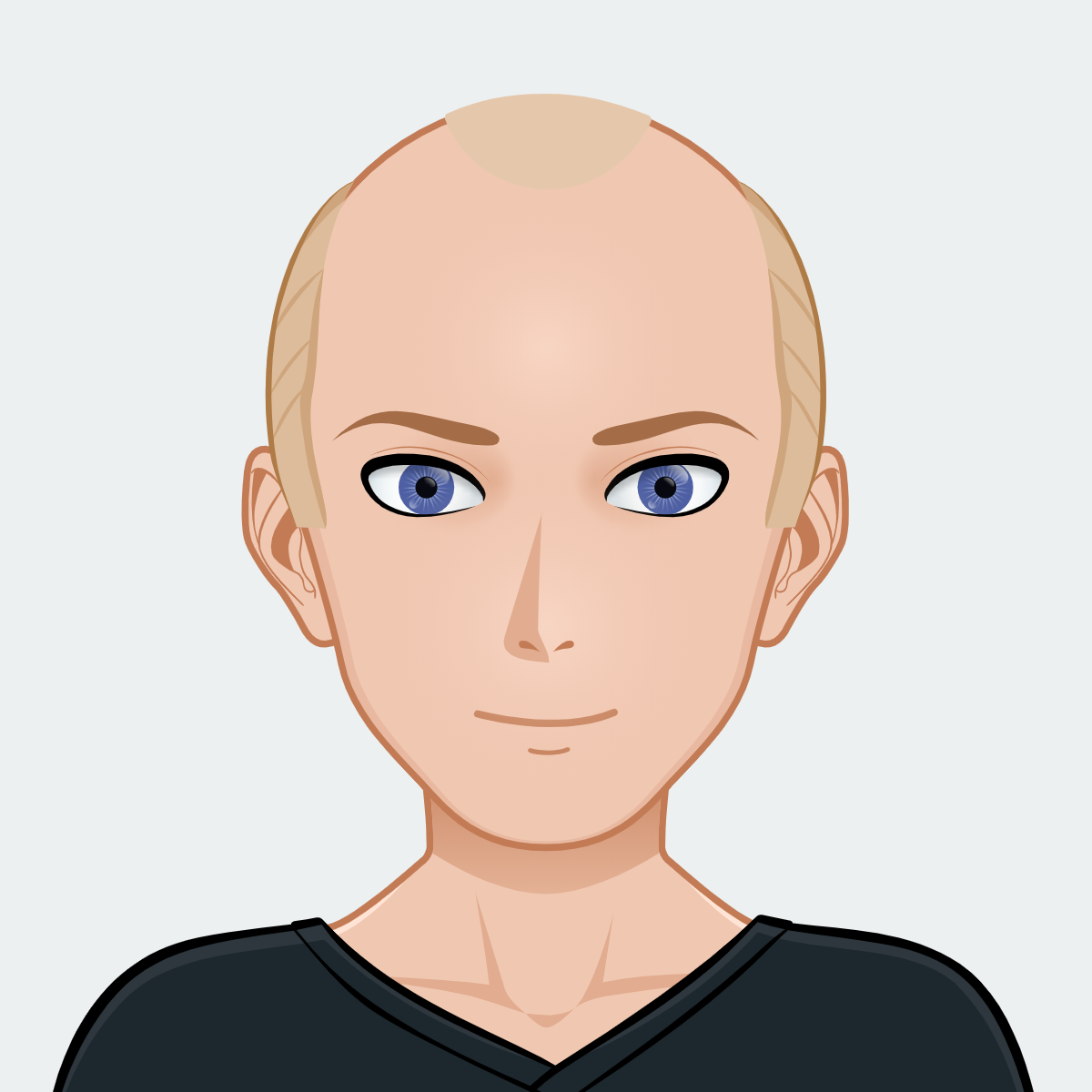Cartoon-Avatar eines Mannes mit zurückgehendem, blondem Haar und blauen Augen. Erstellt mit www.cartoonize.net/avatar-maker/