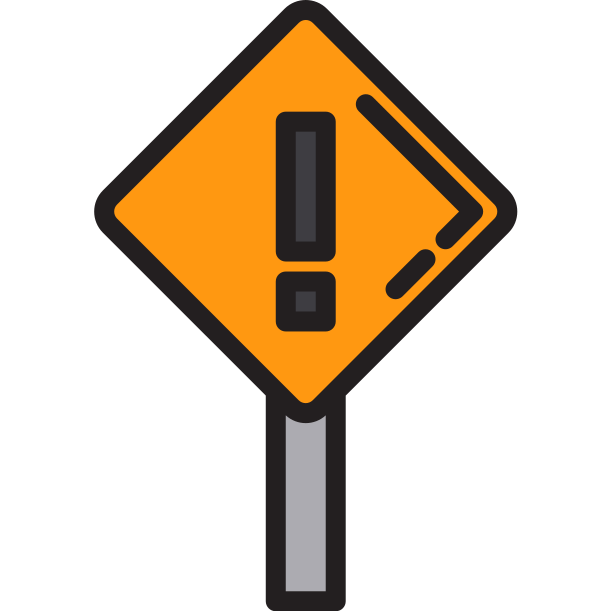 Icon eines Straßenschilds mit orangefarbenem, rautenförmigem Hintergrund und einem schwarzen Ausrufezeichen in der Mitte.