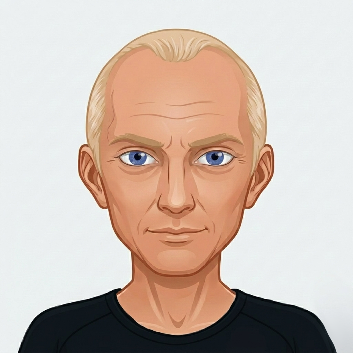 Cartoon-Avatar eines Mannes mit zurückgehendem, blondem Haar und blauen Augen. Erstellt mit www.cartoonize.net/avatar-maker/